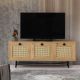 Meuble TV à cannage 3 portes Aréa L140 cm Panneau Mélaminé Métal Bois clair Noir