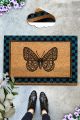 Paillasson Lagon 40x60cm Fibre de coco Naturel Motif Carreaux Noir et Bleu et papillon Noir