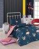 Parure de lit simple 3 pièces Ida Tissu Motif Grands flamants Rose et Bleu foncé