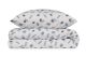 Set housse de couette 140x200cm et 1 taie d'oreiller 60x60cm Aiga 100% Coton Motif Plumes Bleu foncé et Blanc