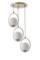 Suspension 3 globes cerclées escalier Radrana D30cm Verre Blanc et Métal Or