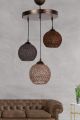 Suspension 3 lampes escalier Brax D32cm Métal Or antique et Coton Marron Beige et Orange