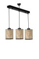 Suspension cannage 3 lumières alignés Colca Métal Noir et Rotin Beige