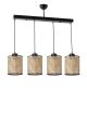 Suspension cannage 4 lumières alignés Colca Métal Noir et Rotin Beige