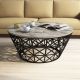 Table basse ovale Ellipticum support grille conique Mélaminé Marbre Blanc et Métal Noir 
